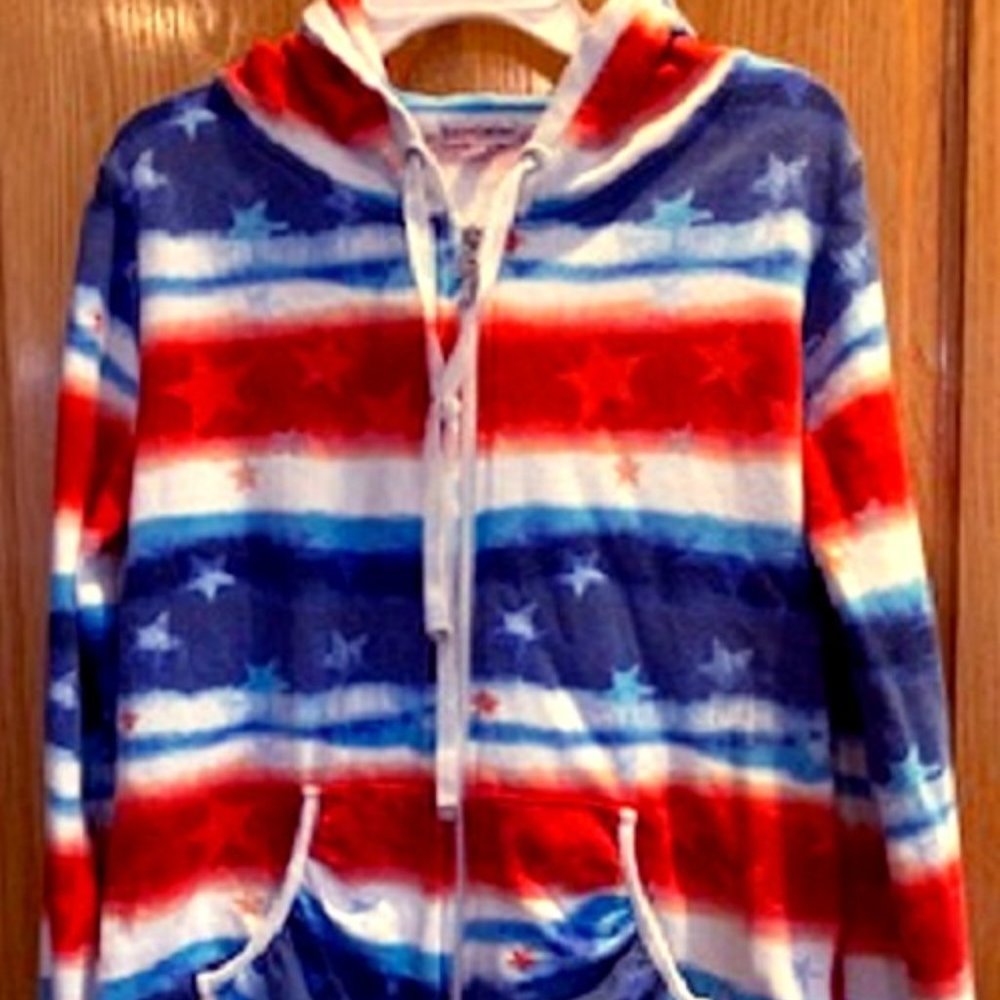 Women Juicy Couture Red White Blue Hoodie Drawstring Kangaroo Pockets Size: S